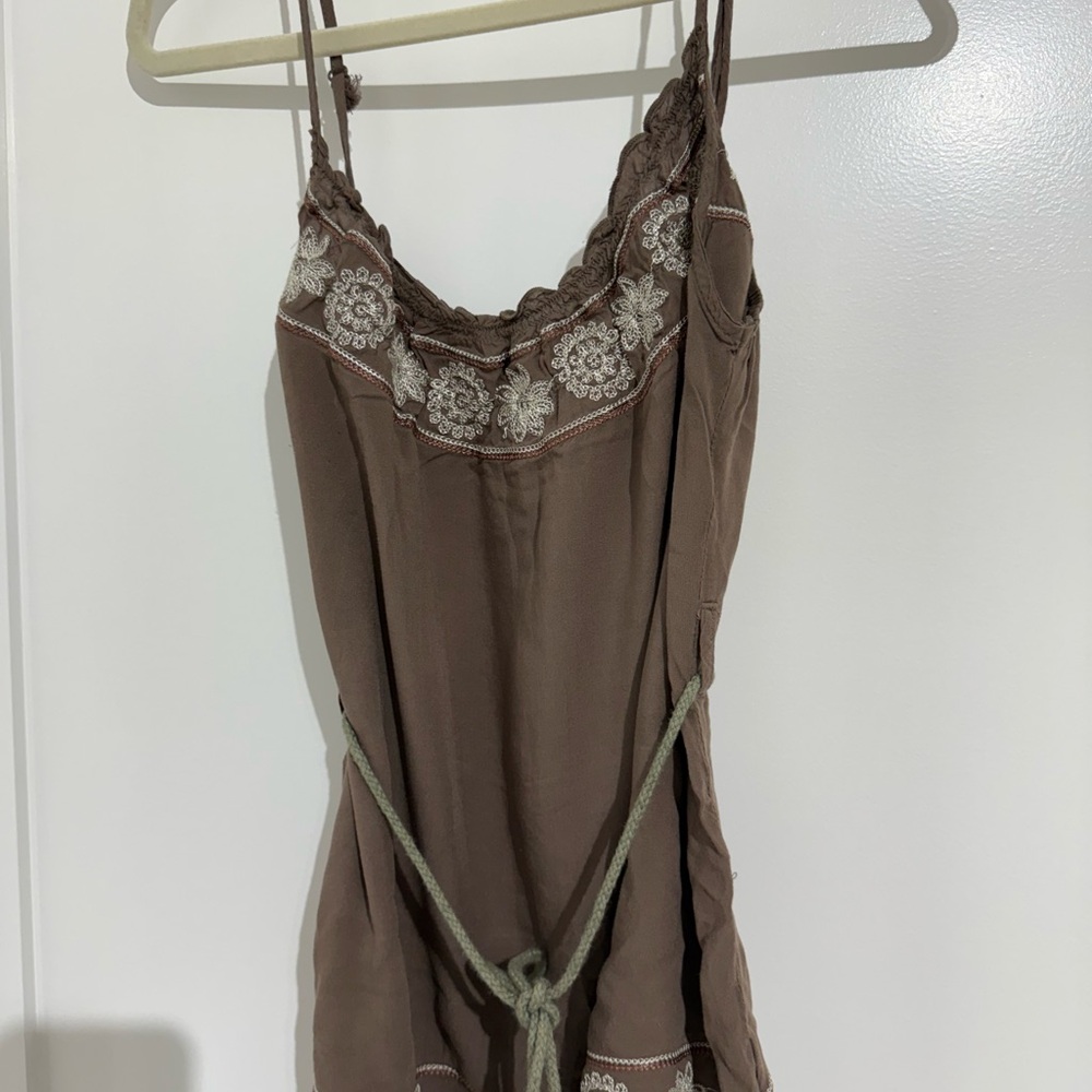 mine Brown Slip Dress with Cream Lace Embroidery